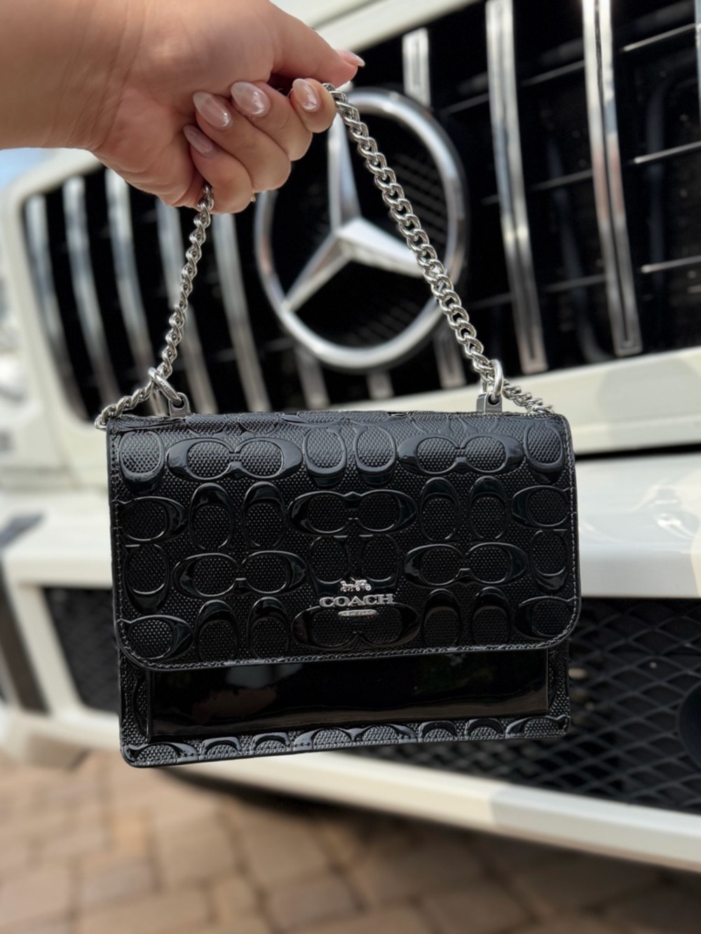 Coach Klare Black Patent Signature Crossbody Bag with Silver Chain